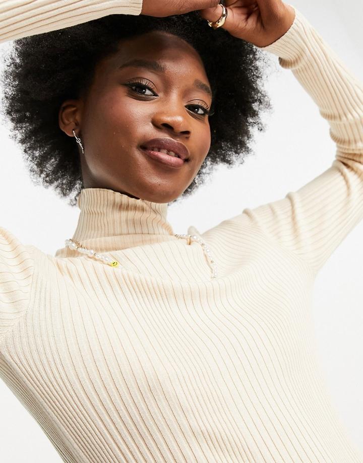 Jdy Luna Long Sleeve Roll Neck Jersey Top In Tapioca-white