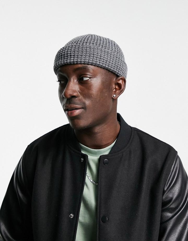 Asos Design Mini Fisherman Beanie With Waffle Knit Detail In Gray-grey