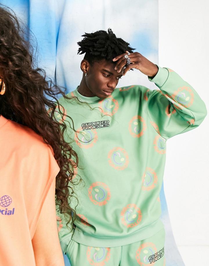 Crooked Tongues Oversized Sweatshirt With All Over Print In Green - Part Of A Set