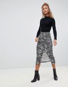 Asos Design Rib Popper Midi Skirt In Zebra Print - Multi