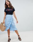 New Look Ruffle Wrap Midi Skirt - Blue