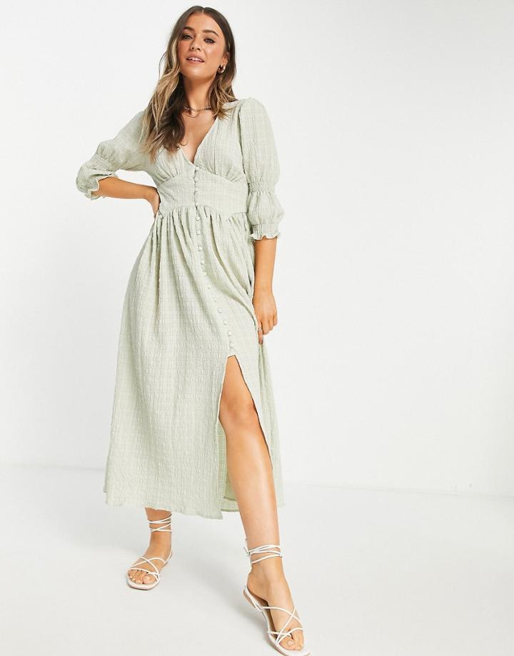 Asos Design Button Through Textured Midi Tea Dress In Sage-green