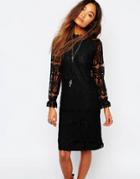 Navy London High Neck Sheer Lace Dress - Black