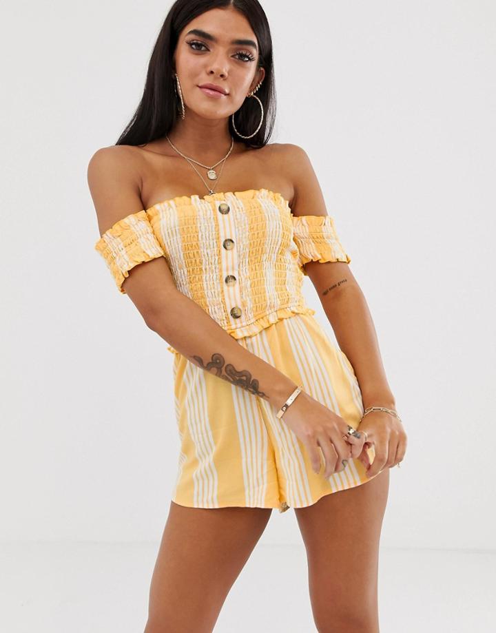 River Island Beach Off The Shoulder Romper In Orange Stripe