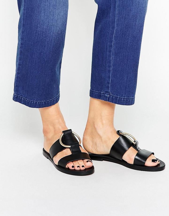 Mango Gold Buckle Flat Sandal - Black