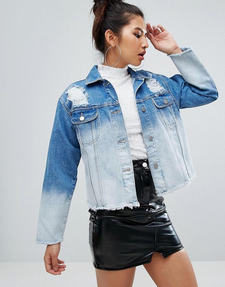 Chorus Bleached Oversized Distressed Raw Hem Denim Jacket - Blue