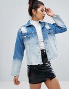 Chorus Bleached Oversized Distressed Raw Hem Denim Jacket - Blue