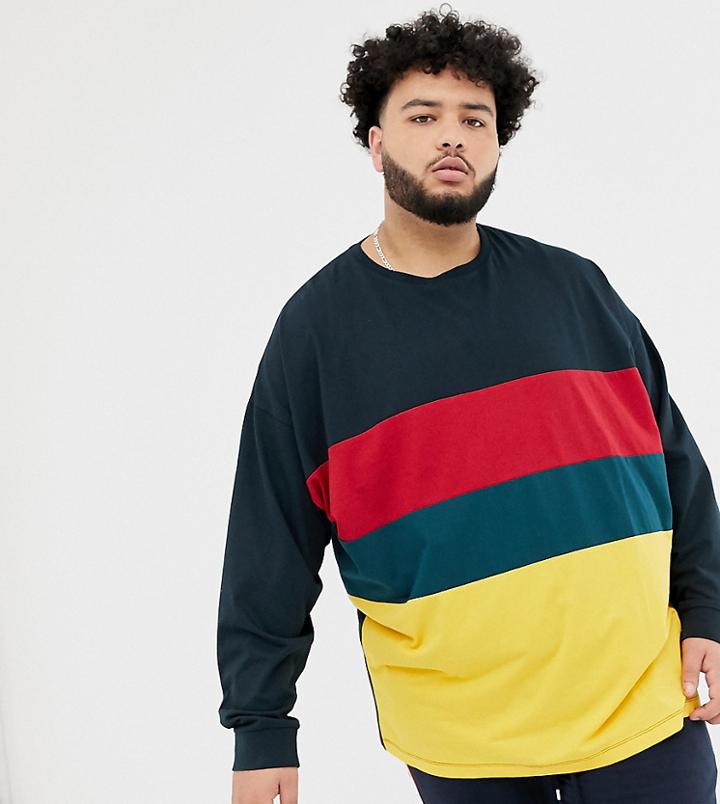 Asos Design Plus Oversized Long Sleeve T-shirt With Color Block In Navy - Navy