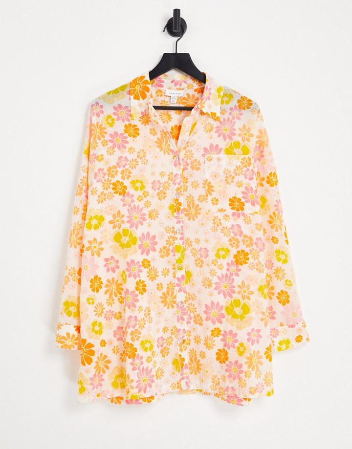 Topshop 70s Floral Print Beach Shirt In Multi