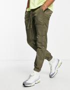 Topman Skinny Belted Paneled Pants With Snaps In Khaki-green