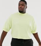 Asos Design Plus Oversized Crop T-shirt With Mid Sleeve And High Neck In Pale Yellow-green