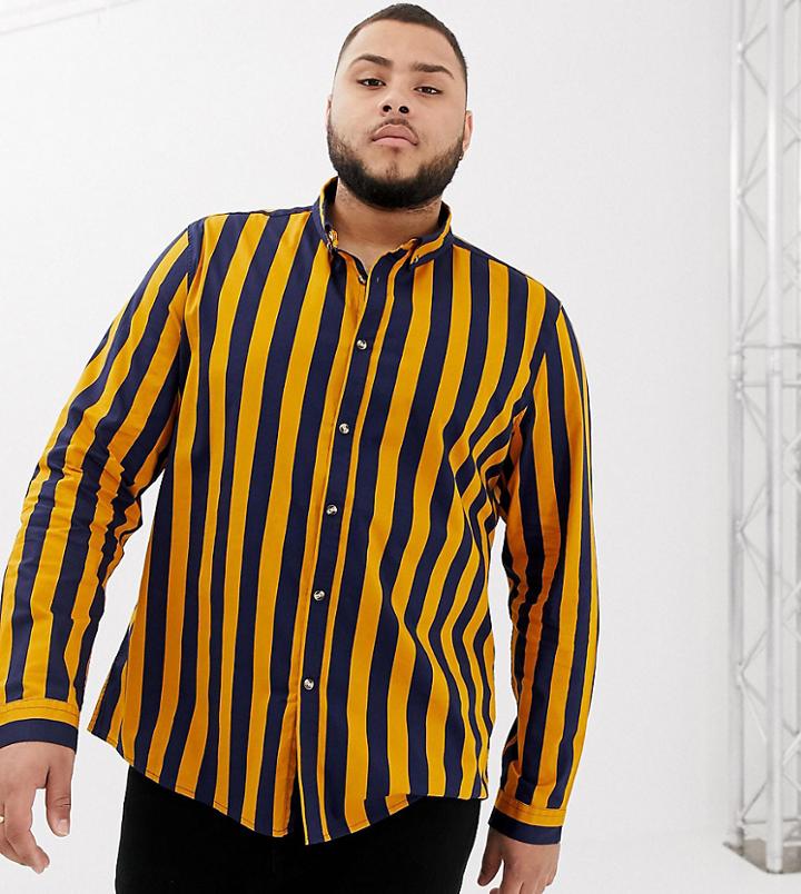 Asos Design Plus Skinny Fit Stripe Shirt In Navy & Mustard - Navy