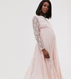 Asos Design Maternity Midi Dress With Long Sleeve And Lace Paneled Bodice-pink