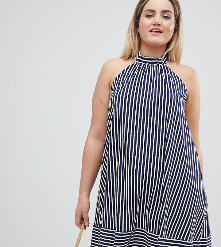 Asos Design Curve Halter Swing Sundress In Cut About Stripe - Multi