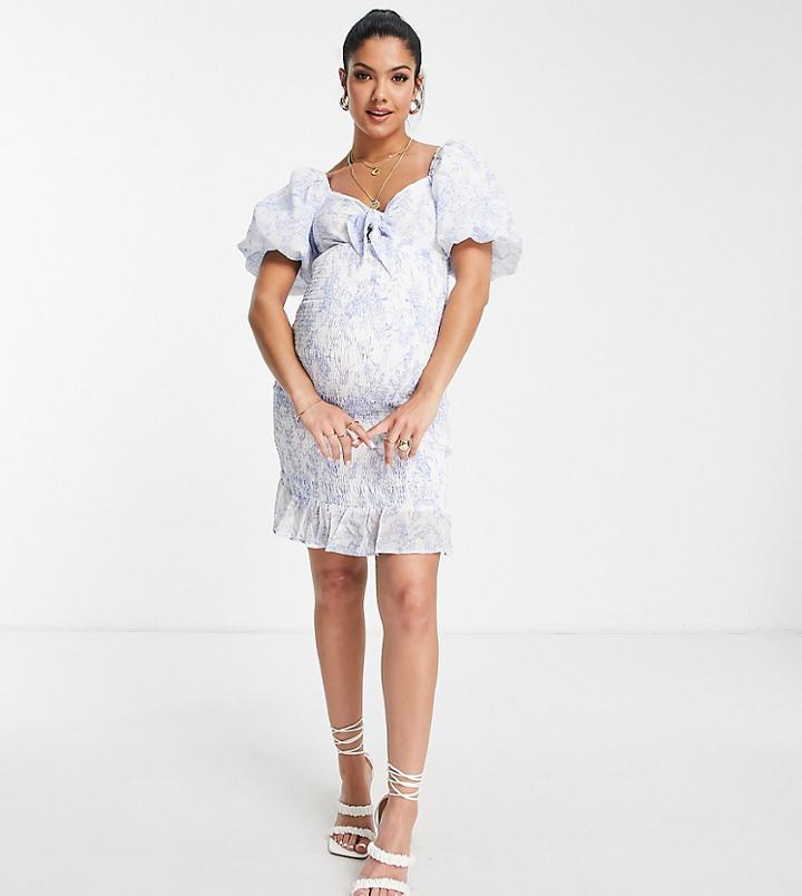 Missguided Maternity Puff Sleeve Shirred Mini Dress In Light Blue Porcelain Print