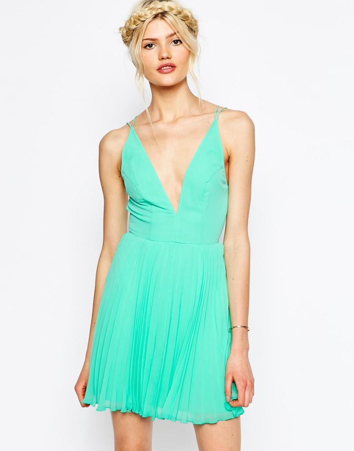 Asos Deep Plunge Pleated Cami Mini Dress - Mint
