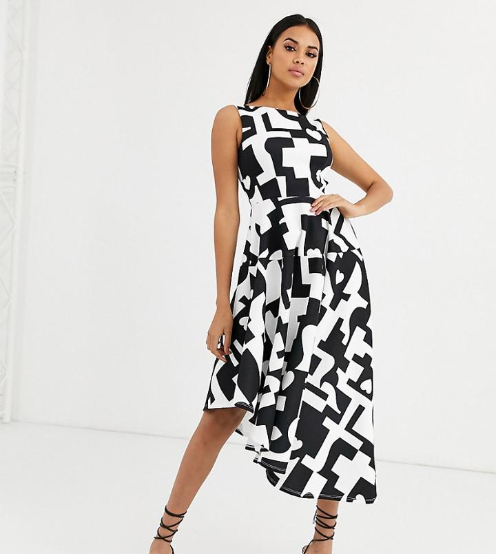 Flounce London Asymmetric Scuba Midi Dress In Mono Geo Print-multi