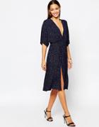 Asos Midi Flutter Sleeve Glitter Splice Dress - Navy