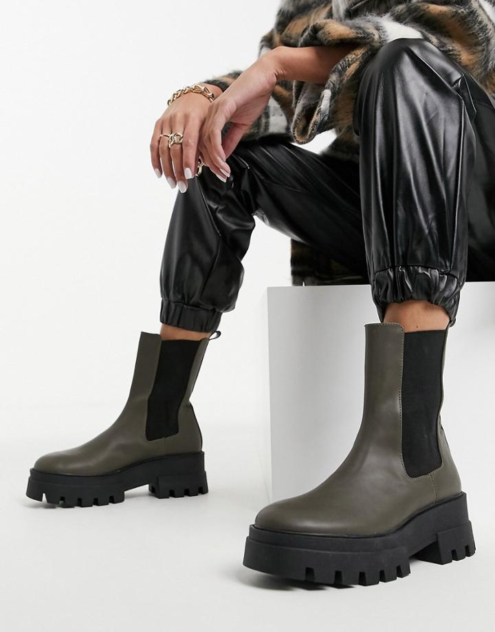 Pull & Bear Platform Chelsea Boot With Cleated Sole In Khaki-green