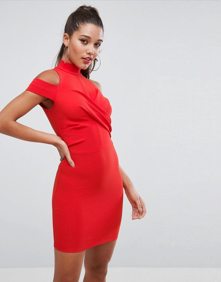 Asos Ribbed Cold Shoulder Bodycon Mini Dress - Red