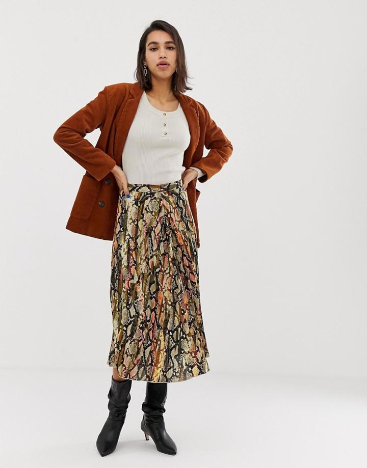 Stradivarius Pleated Snake Print Skirt In Green - Green