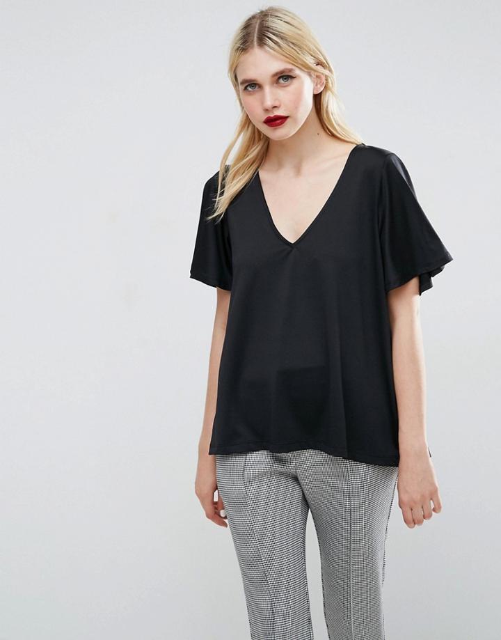 Asos V Neck Top With Pleat Back Detail - Black