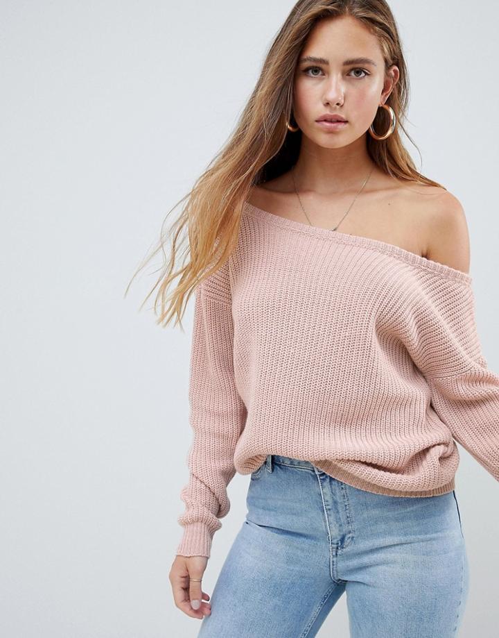 Missguided Off Shoulder Knitted Sweater In Blush - Pink