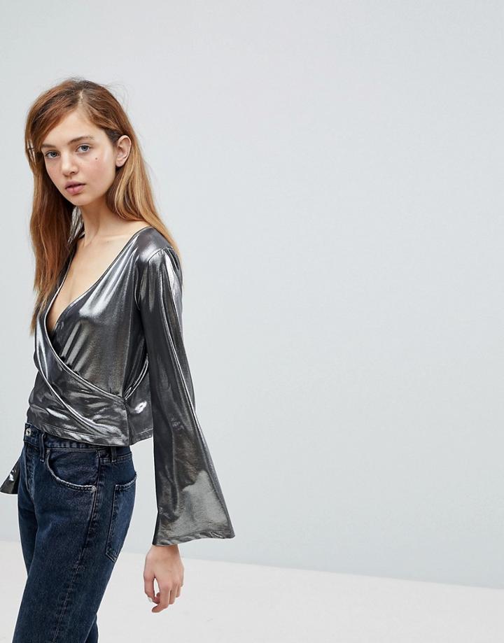 Chorus Holographic Foil Wrap Blouse - Blue