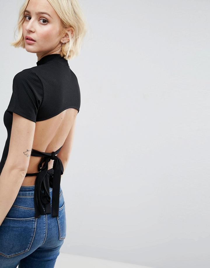 Asos Top In Rib With Cap Sleeve And Double Bow Back Detail - Black