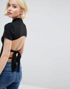 Asos Top In Rib With Cap Sleeve And Double Bow Back Detail - Black