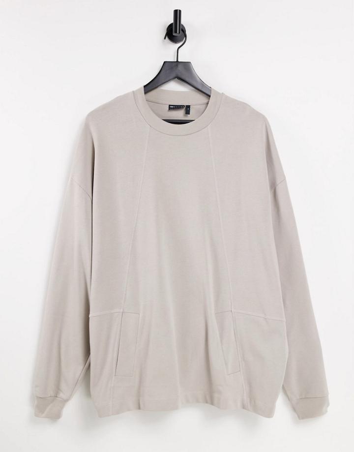 Asos Design Long Sleeve Oversized T-shirt With Pockets And Stepped Hem In Beige-neutral