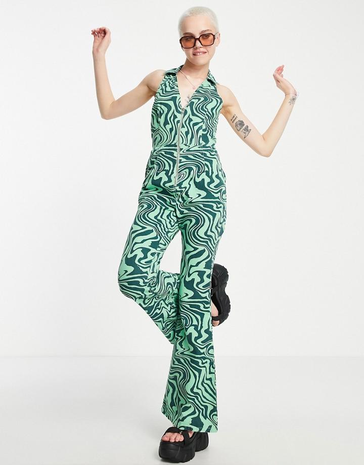 Asos Design Twill Sleeveless Collar Jumpsuit In 70's Print-multi