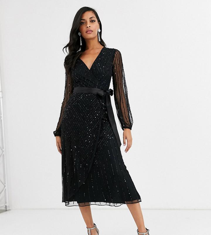Amelia Rose Embellished Bridesmaid Midi Dress With Wrap Detail In Black
