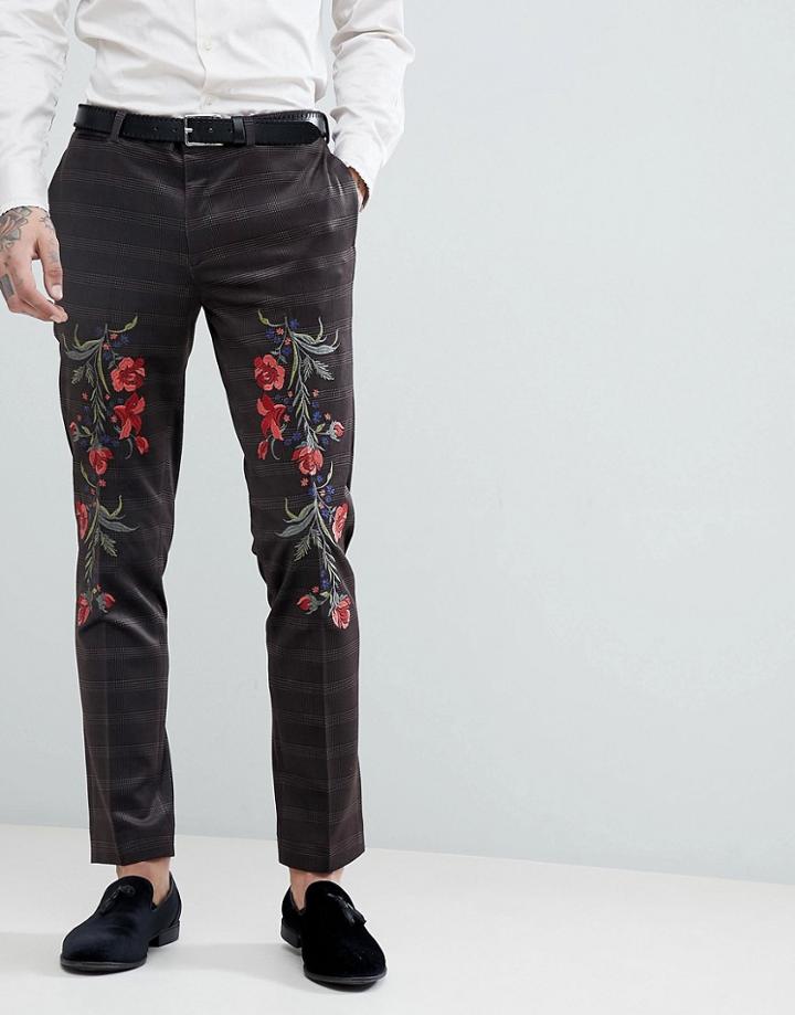 Asos Skinny Velvet Check Suit Pants With Floral Embroidery - Brown