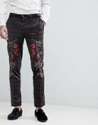 Asos Skinny Velvet Check Suit Pants With Floral Embroidery - Brown