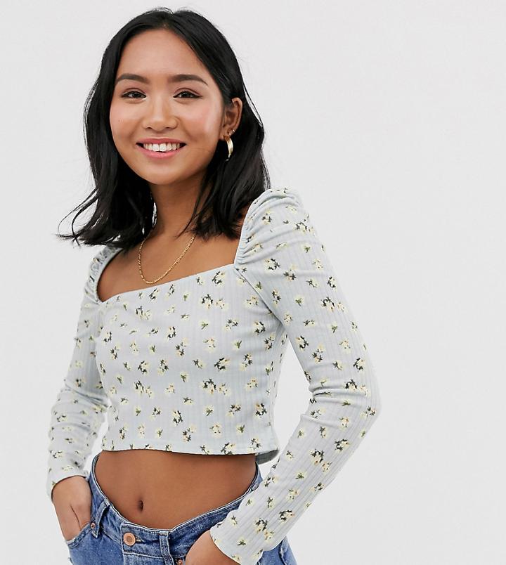 Asos Design Petite Square Neck Top In Ditsy Print - Blue