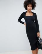 Asos Design Rib Pencil Dress With Collar - Black