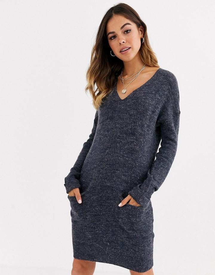 Brave Soul Moss Slouchy Pocket Sweater Dress-blue