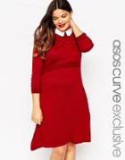Asos Curve Knitted Skater Dress With Contrast Collar - Berry