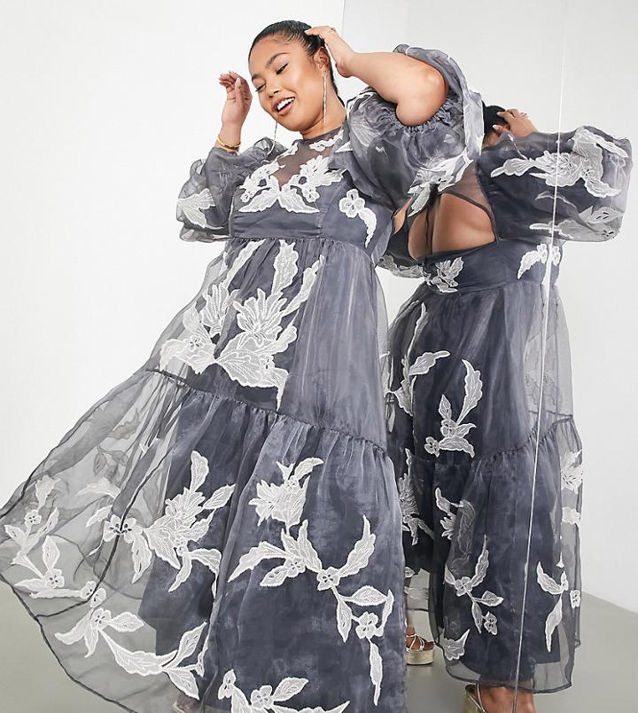 Asos Edition Curve Smock Dress With Placement Applique Embroidery In Slate Gray