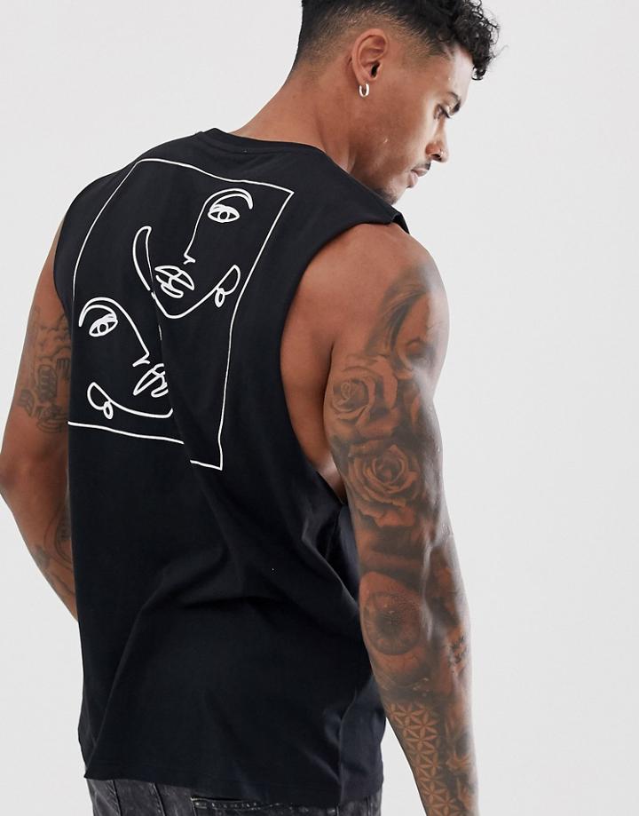 Asos Design Relaxed Sleveless T-shirt With Face Sketch Print - Black