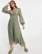 Asos Design Textured Twist Front Pleated Midi Dress With All-over Embroidery In Khaki-green