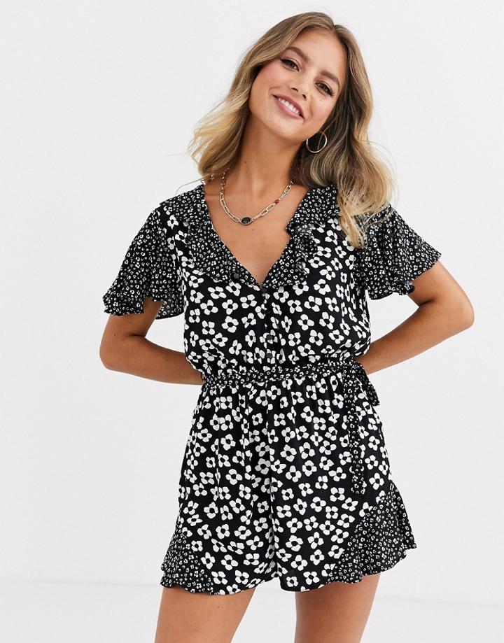 Asos Design Mixed Mono Floral Print Romper - Multi