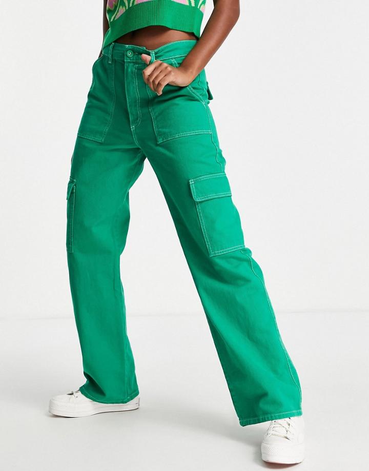 Pull & Bear Straight Leg Cargo Pants With Contrast Stitch In Green