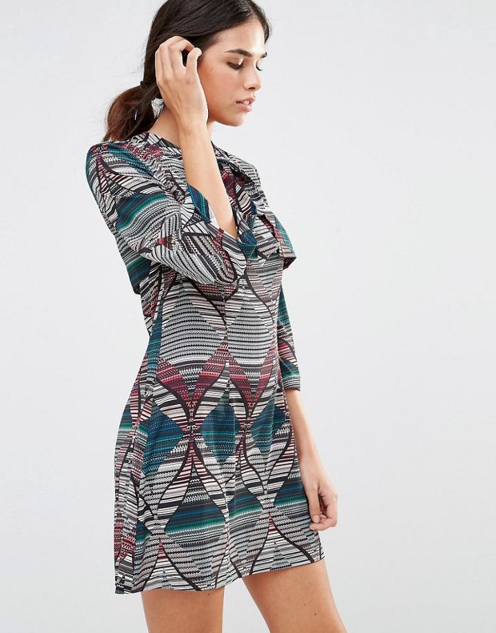 Liquorish Geometric Print Pussybow Dress - Multi