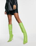 Simmi London Stiletto Heel Knee Boot In Lime Croc-green