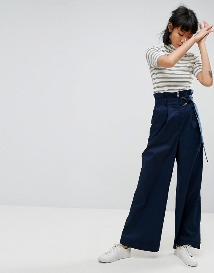 Asos Tailored Wide Leg Pants With Paper Bag Waist And D Ring - Navy
