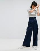 Asos Tailored Wide Leg Pants With Paper Bag Waist And D Ring - Navy