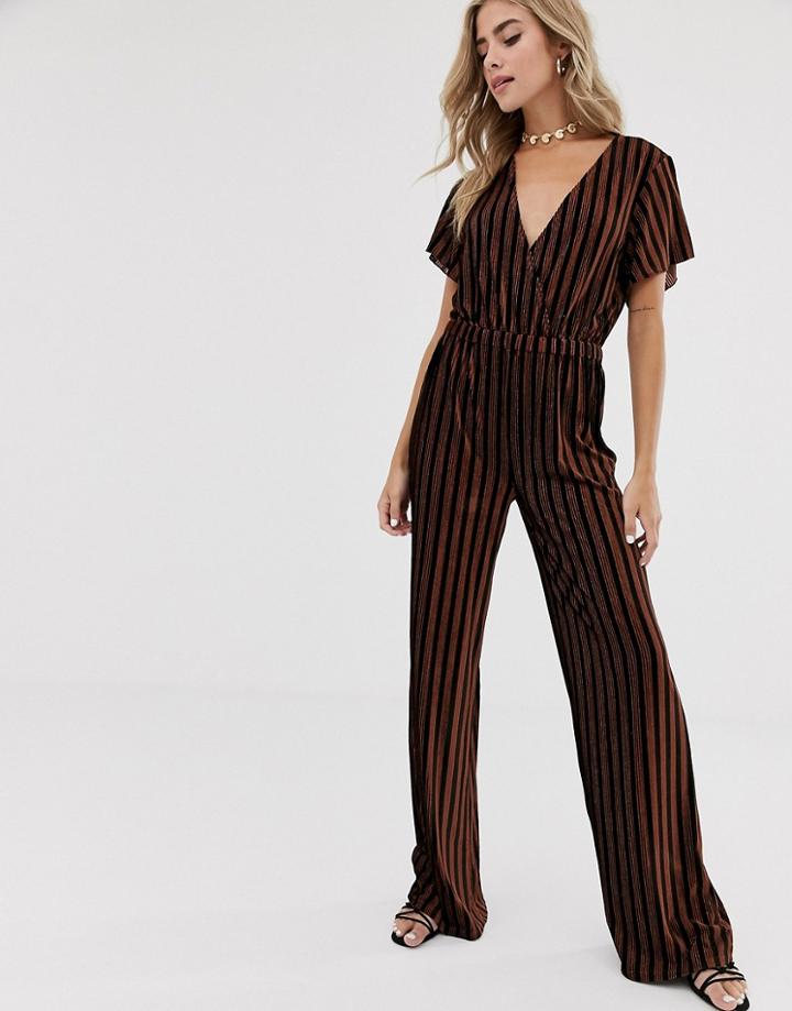 Dusty Daze Wide Leg Velvet Jumpsuit In Brown And Gold Stripe-multi