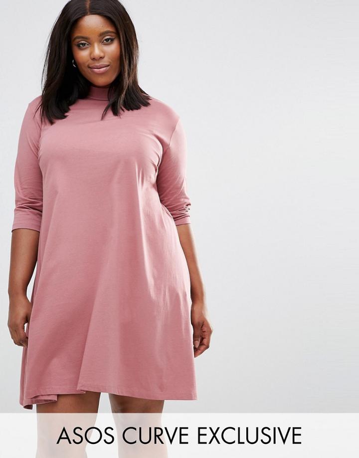 Asos Curve Swing Dress With High Neck And 3/4 Sleeve - Pink